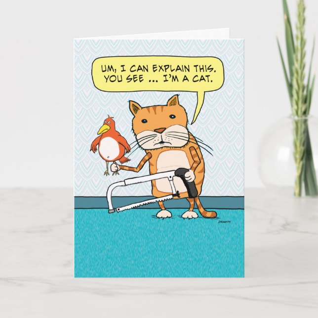Funny Cat Hacksaw Explanation Birthday Card Karte (Vorderseite)