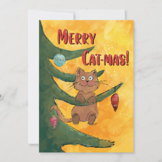 Funny Cat Hanging from a Branch of the Christmas Feiertagskarte