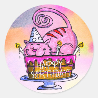 Funny Cat Happy Birthday Cake und Candles Runder Aufkleber