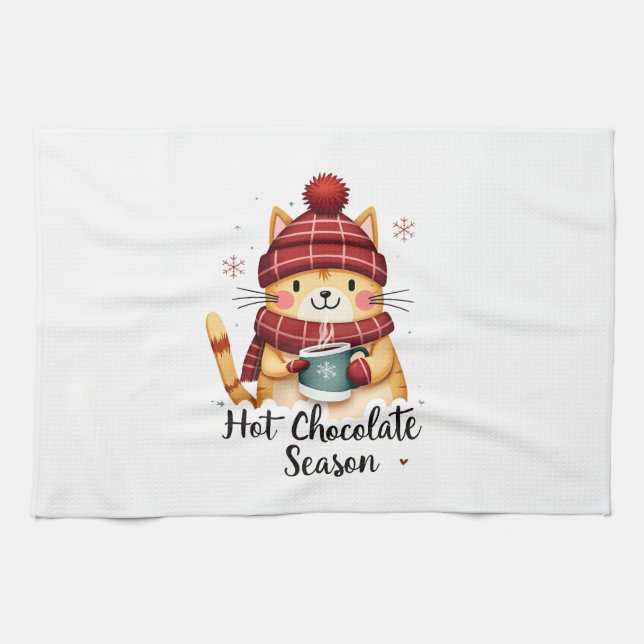 Funny Cat Hot Choco Season Merry Christmas Mom Dad Geschirrtuch (Horizontal)