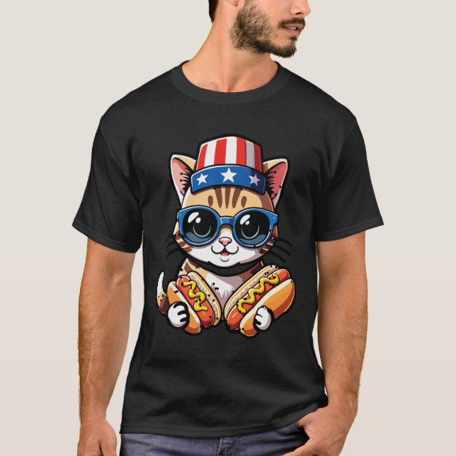 Funny  Cat Hot Dog Fourth of July Foodie T-Shirt (Vorderseite)