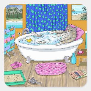 Funny Cat in Bath 665 Quadratischer Aufkleber