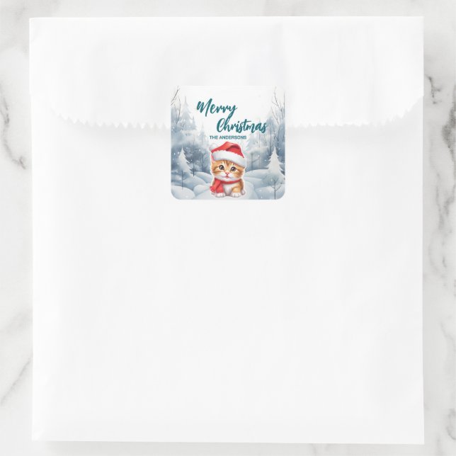 Funny Cat kitty Merry Xmas Baum Schnee Feier Quadratischer Aufkleber (Tasche)