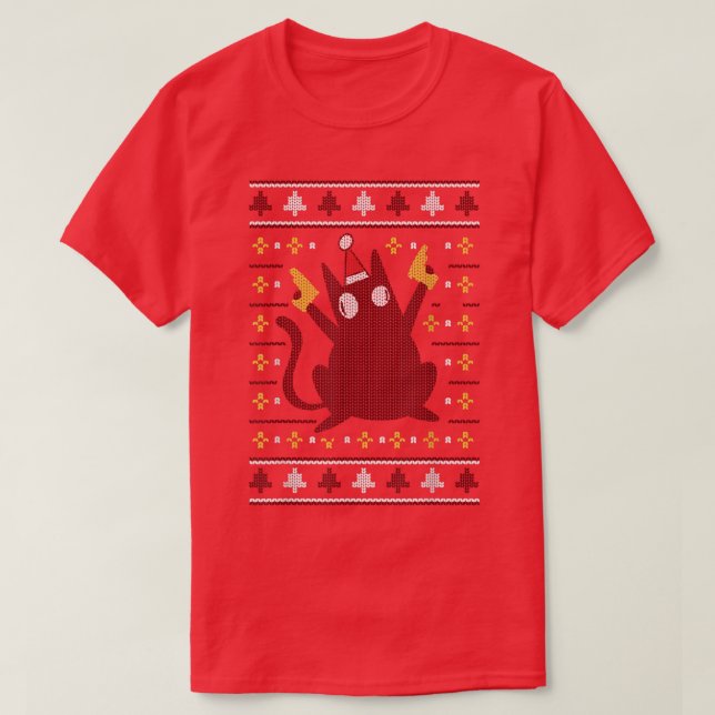 Funny Cat Kitty with Hat Ugly Christmas Sweaters m T-Shirt (Design vorne)