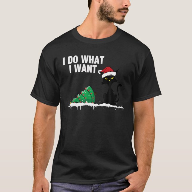 Funny Cat klopfen über Weihnachtsbaum T-Shirt (Vorderseite)