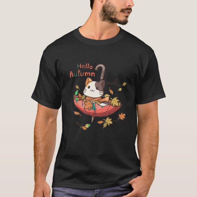 Funny Cat Leaf Fall Hallo Herbst Niedlich Kitten C T-Shirt (Vorderseite)