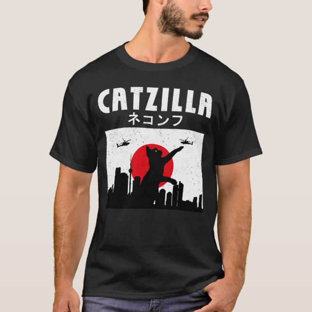 Funny Cat Liebt Japanisch Catzilla Unglaublich wit T-Shirt (Vorderseite)