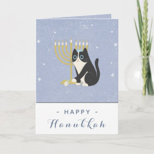 Funny Cat Menorah & Dreidel Happy Hanukkah Blue Karte