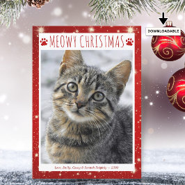 Funny Cat MEOWY CHRISTMAS Foto Red Pawprints Feiertagskarte