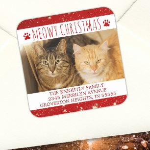 Funny Cat MEOWY CHRISTMAS Foto Rote Rücksendeadres Quadratischer Aufkleber