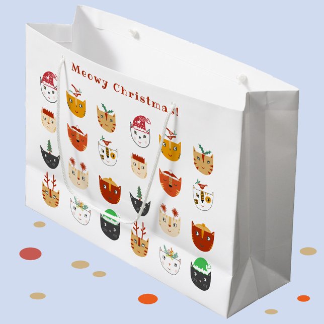 Funny Cat Meowy Weihnachtsfeiertage Große Geschenktüte (Fun Meowy Christmas kitty cat custom text gift bag)