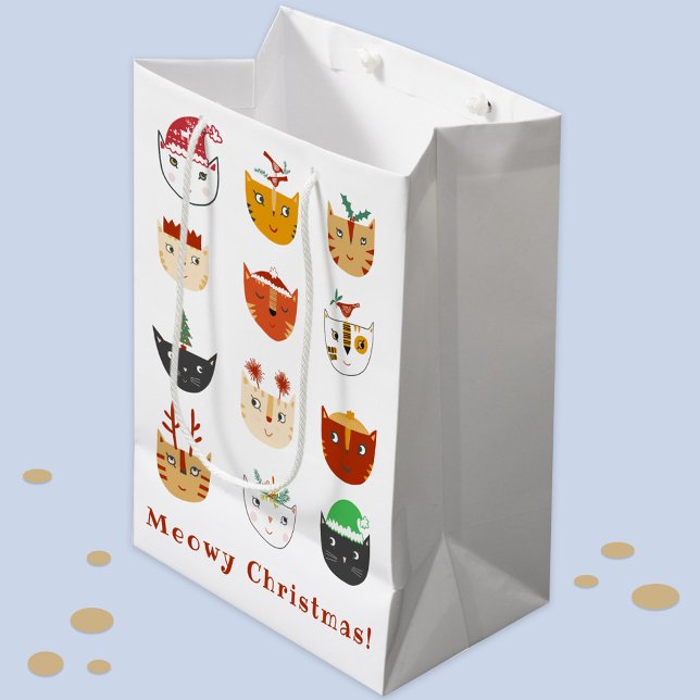 Funny Cat Meowy Weihnachtsfeiertage Mittlere Geschenktüte (Fun Meowy Christmas kitty cat custom text gift bag)