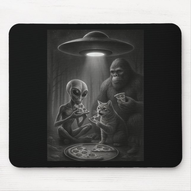 Funny Cat mit Alien und Bigfoot essen Pizza Ufo Mousepad (Vorne)