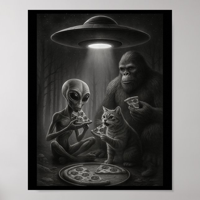 Funny Cat mit Alien und Bigfoot essen Pizza Ufo Poster (Vorne)