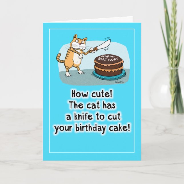 Funny Cat mit Knife Birthday Card Karte (Vorderseite)