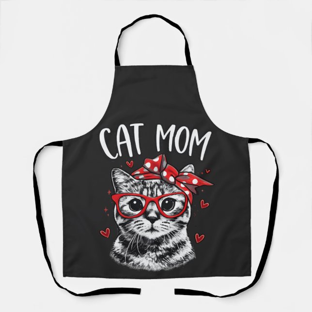 Funny Cat Mom with Glasses & Bandana Black Kitchen Schürze (Vorderseite)