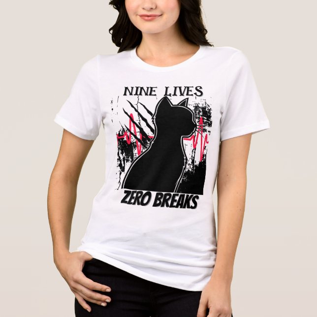 Funny Cat "Nine Lives Zero Breaks" Med Spaß Nurse Tri-Blend Shirt (Vorderseite)