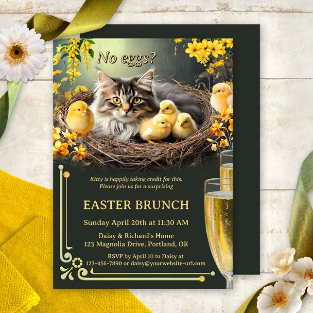 Funny Cat No Eggs Osterblasen und Brunch Einladung (Funny Bubbles & Brunch Easter invitation featuring a cute kitty taking care of baby chicks)