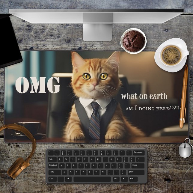 Funny Cat Office Schreibtischunterlage (Desk mat featuring a cute cat in office outfit behind a desk and your custom funny (or other) texts)
