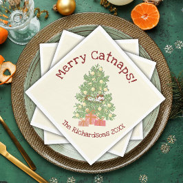 Funny Cat on Chistmas Tree Merry Catnaps! Creme Serviette