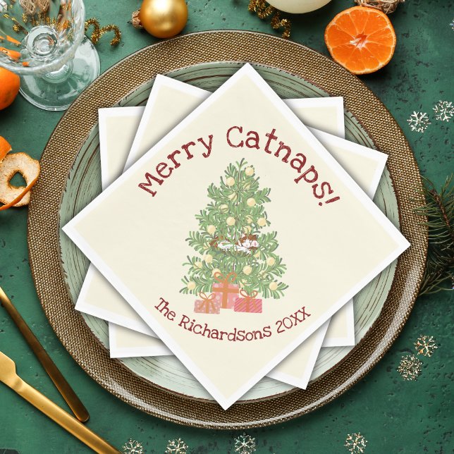 Funny Cat on Chistmas Tree Merry Catnaps! Creme Serviette (Von Creator hochgeladen)