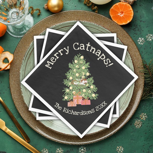 Funny Cat on Chistmas Tree Merry Catnaps! Schwarz Serviette (Von Creator hochgeladen)