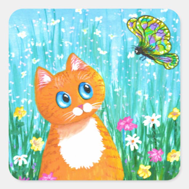 Funny Cat Orange Tabby Butterfly Summer Quadratischer Aufkleber (Vorderseite)