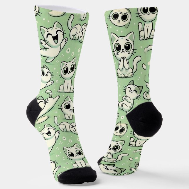 Funny Cat Pattern Socks - Light Green & White Socken (Gewinkelt)