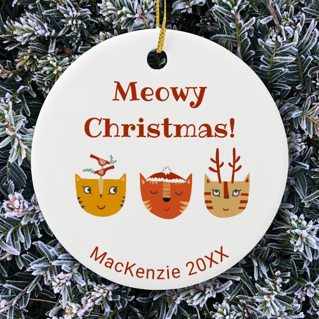 Funny Cat Personalisiert Weihnachten Keramik Ornament (Meowy Christmas personalized funny cat ceramic ornament)