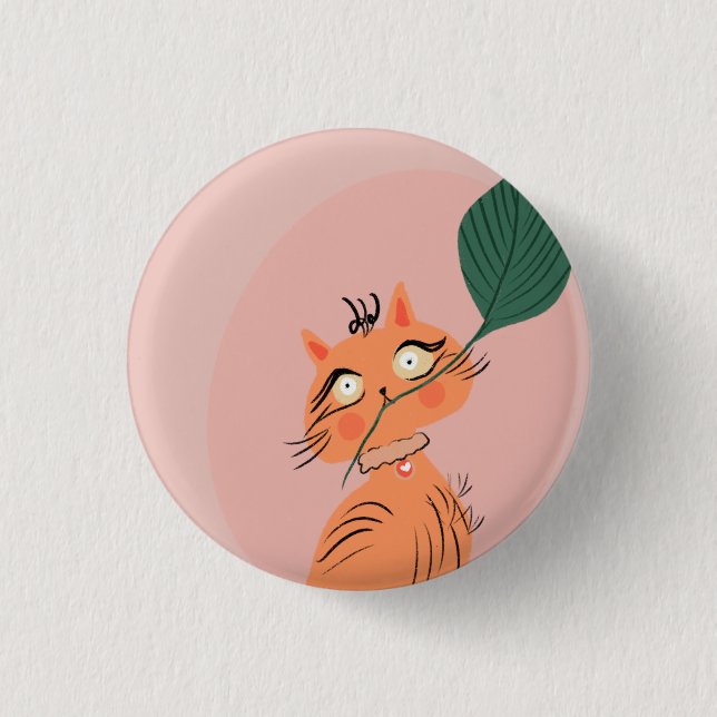 Funny Cat Pflanze Leaf Cartoon Button (Vorderseite)
