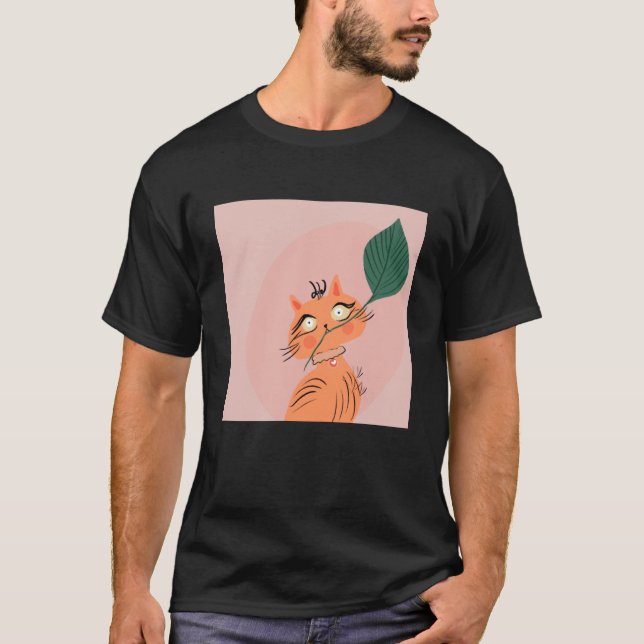 Funny Cat Pflanze Leaf Cartoon T-Shirt (Vorderseite)