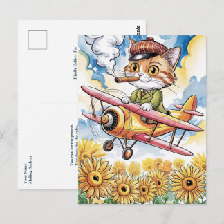 Funny Cat Pilot Birthday Biplane Plane Sunflowers Postkarte
