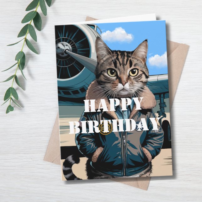 Funny Cat Pilot & Flugzeug, Coole Luftfahrt Geburt Karte (Von Creator hochgeladen)