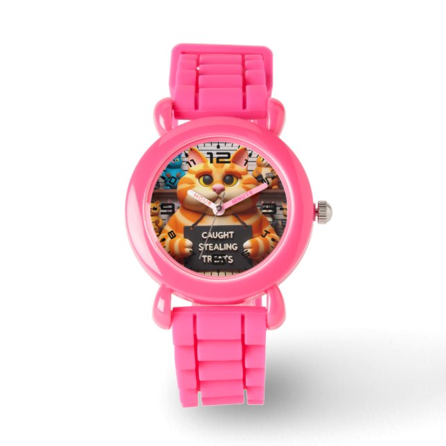 Funny Cat Pink Kids Watch Armbanduhr (Vorderseite)
