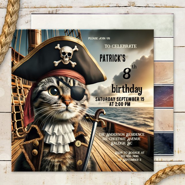 Funny Cat Pirate Birthday Einladung (A funny birthday party invitation  for children featuring a pirate cat on a clipper)