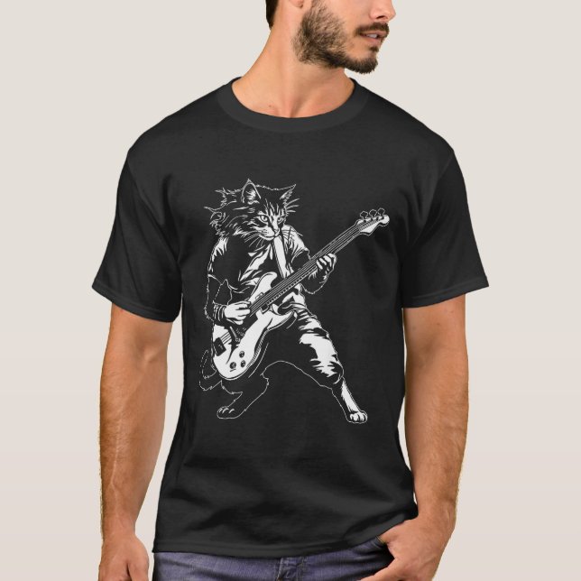 Funny Cat Playing B Guitar Rock Music Lover Musici T-Shirt (Vorderseite)