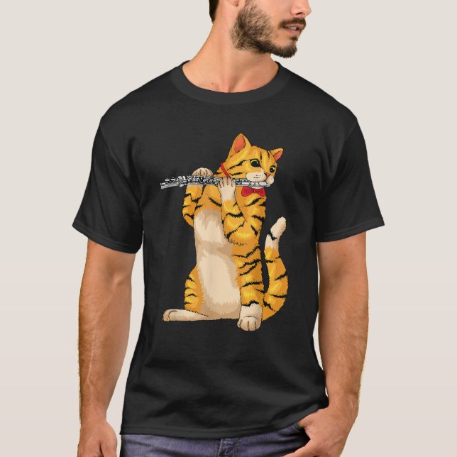 Funny Cat Playing Flute Cool Animal Musician Flute T-Shirt (Vorderseite)