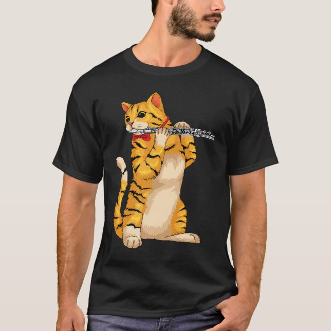 Funny Cat Playing Flute Coolen Tiermusiker Flute T-Shirt (Vorderseite)
