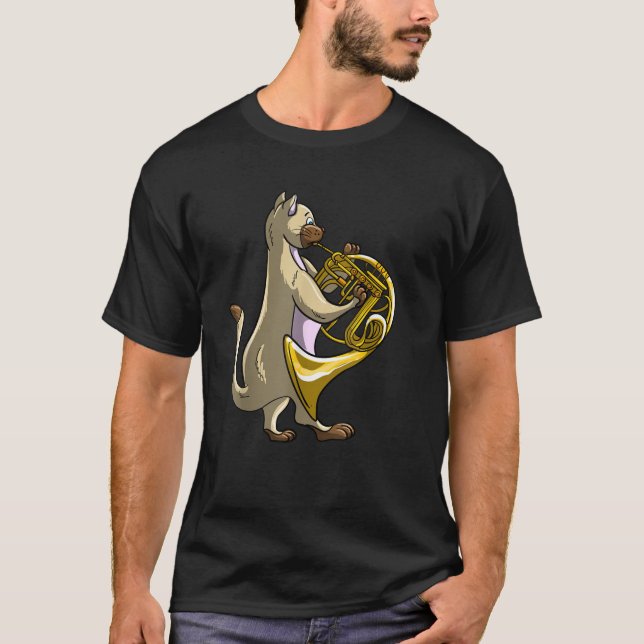 Funny Cat Playing French Horn Cool Animal Musician T-Shirt (Vorderseite)
