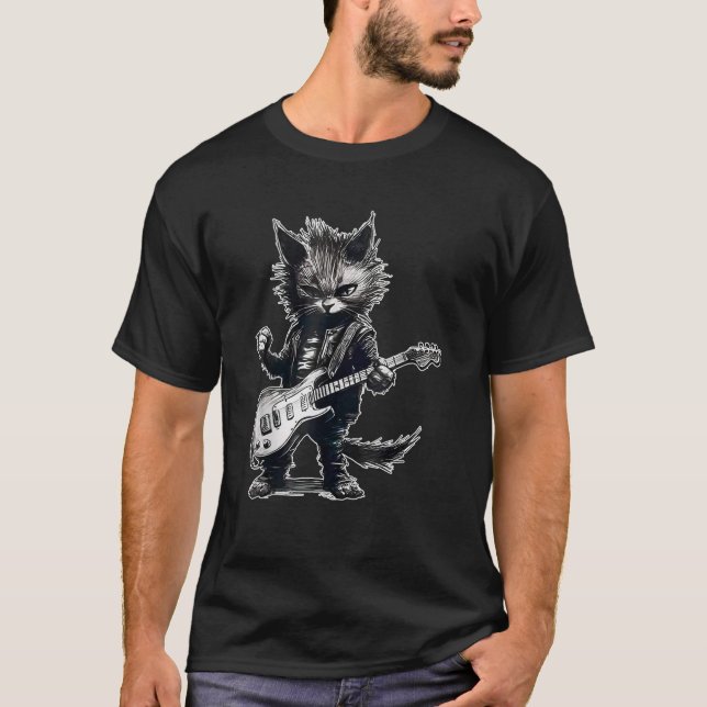 Funny Cat Playing Gitarre Lover Rocker Heavy T-Shirt (Vorderseite)
