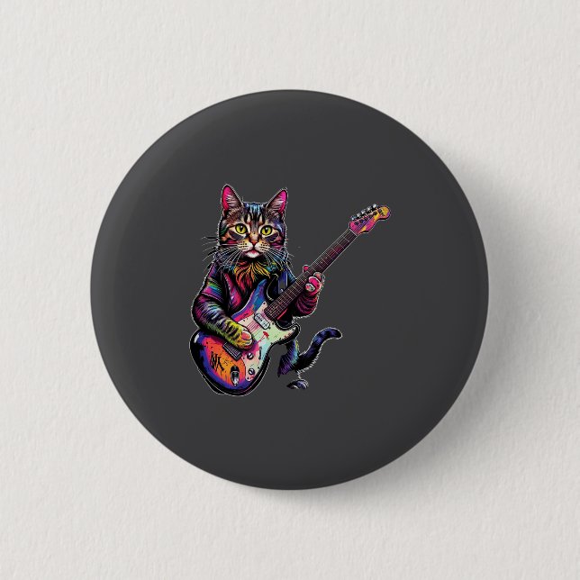 Funny Cat Playing Guitar Rock And Roll Men Women K Button (Vorderseite)