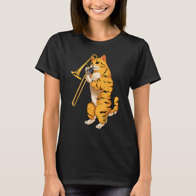 Funny Cat Playing Trombone Geschenk Coole Kitten M T-Shirt (Vorderseite)