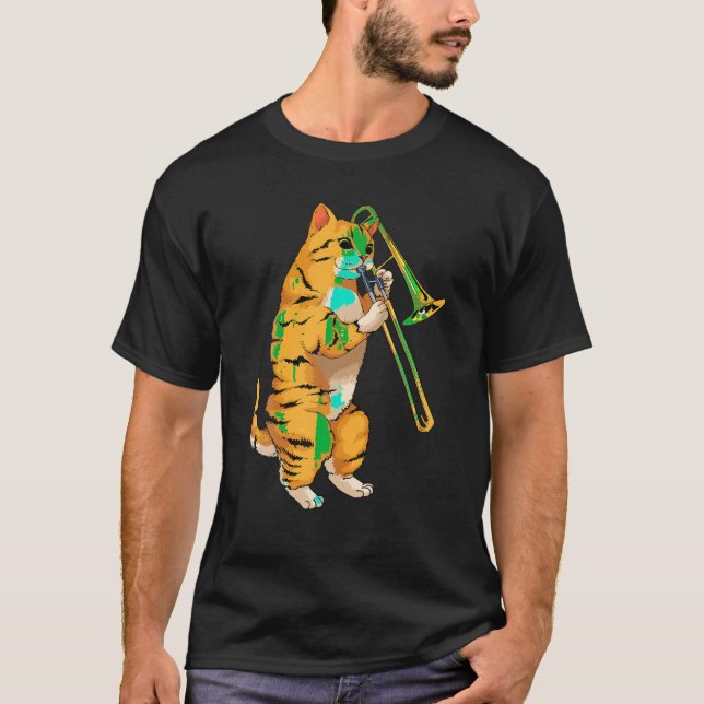 Funny Cat Playing Trombone Geschenk Coole Kitten M T-Shirt (Vorderseite)