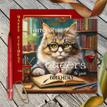 Funny Cat Red Wine Books Birthday Karte<br><div class="desc">Geburtstagskarte mit einer niedlichen Katze mit Brille ( :-) ) in einer Bibliothek oder einem Raum mit vielen Büchern. Fügen Sie Ihre eigenen lustigen (oder anderen) Texte hinzu. Auf der Rückseite ist ein klassisches bordeauxrotes Design mit dem gleichen, goldgerahmten Bild. Schöne für jeden über den Hügel Geburtstag und eine Katze...</div>