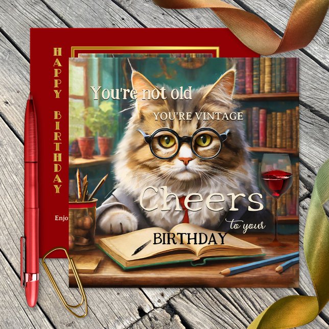 Funny Cat Red Wine Books Birthday Karte (Funny cat birthday card featuring a cute cat with glasses ( :-) ), red wine and lots of books)