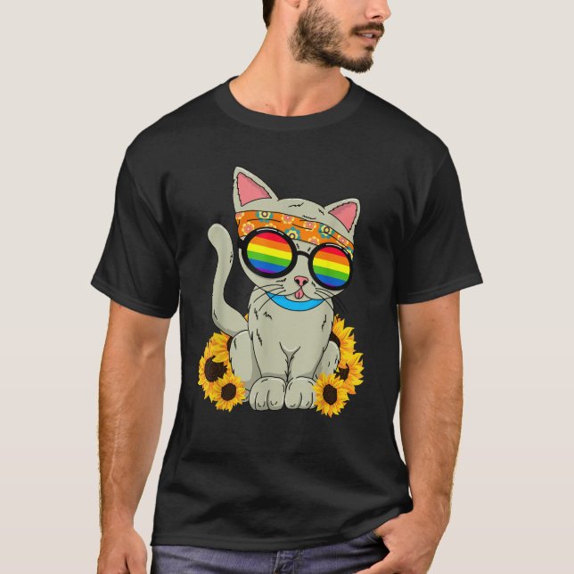 Funny Cat Retro Sunflower Rainbow Hippie  T-Shirt (Vorderseite)