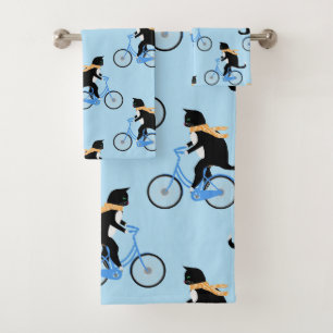 Funny Cat Riding Bicycle Personalisiert Blue Badhandtuch Set