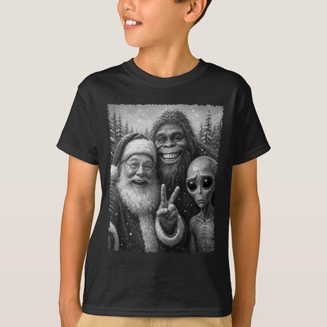 Funny Cat Santa Bigfoot Alien Christmas Selfie Tee (Vorderseite)