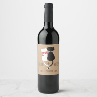 Funny Cat Schwanzes Couple Monogram Wedding Weinetikett