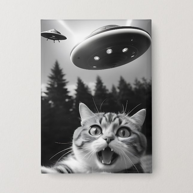 Funny Cat Selfie mit UFO Alien Drones Button (Vorderseite)
